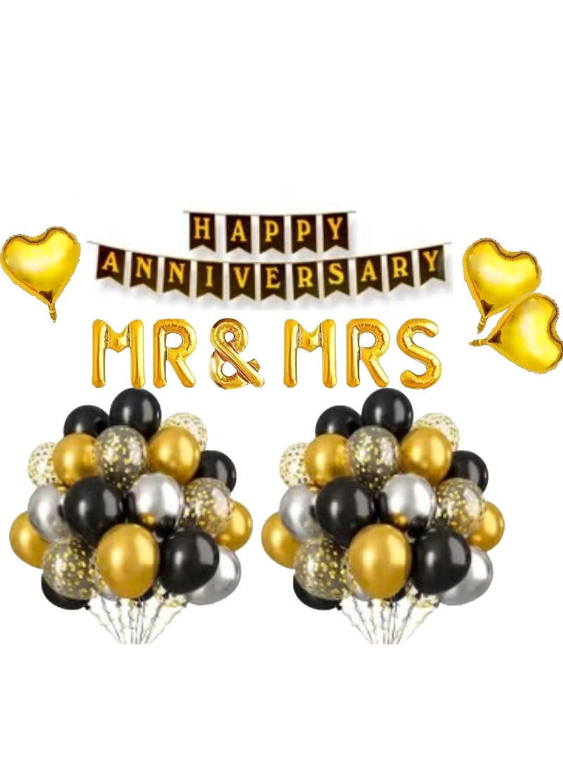 2 PCS Happy Anniversary Mr And Mrs Foil Letter Banners with 50 Black Silver Gold Chrome And Confetti Balloons - Image 1